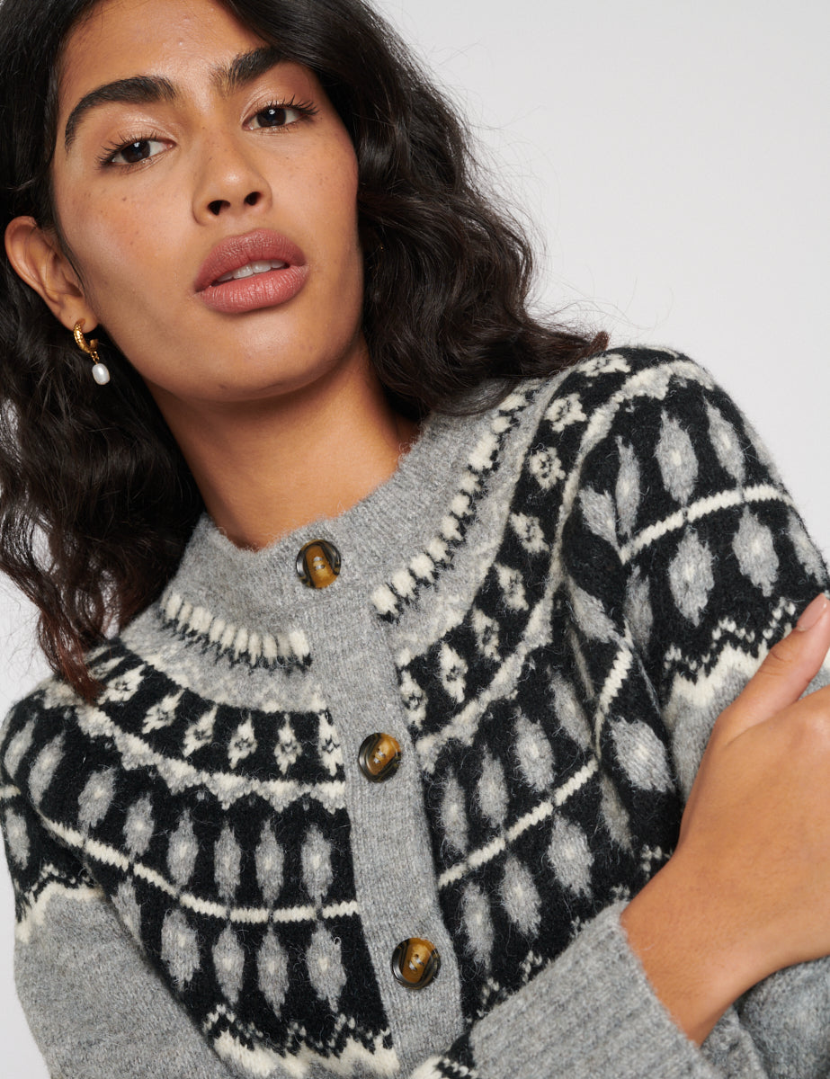 Grey Fair Isle Wool Blend Knitted Cardigan