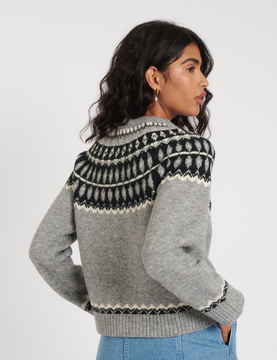 Grey Fair Isle Wool Blend Knitted Cardigan