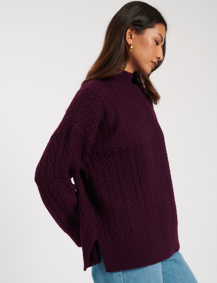 Burgundy Wool Funnel Neck Cable Knitted Jumper