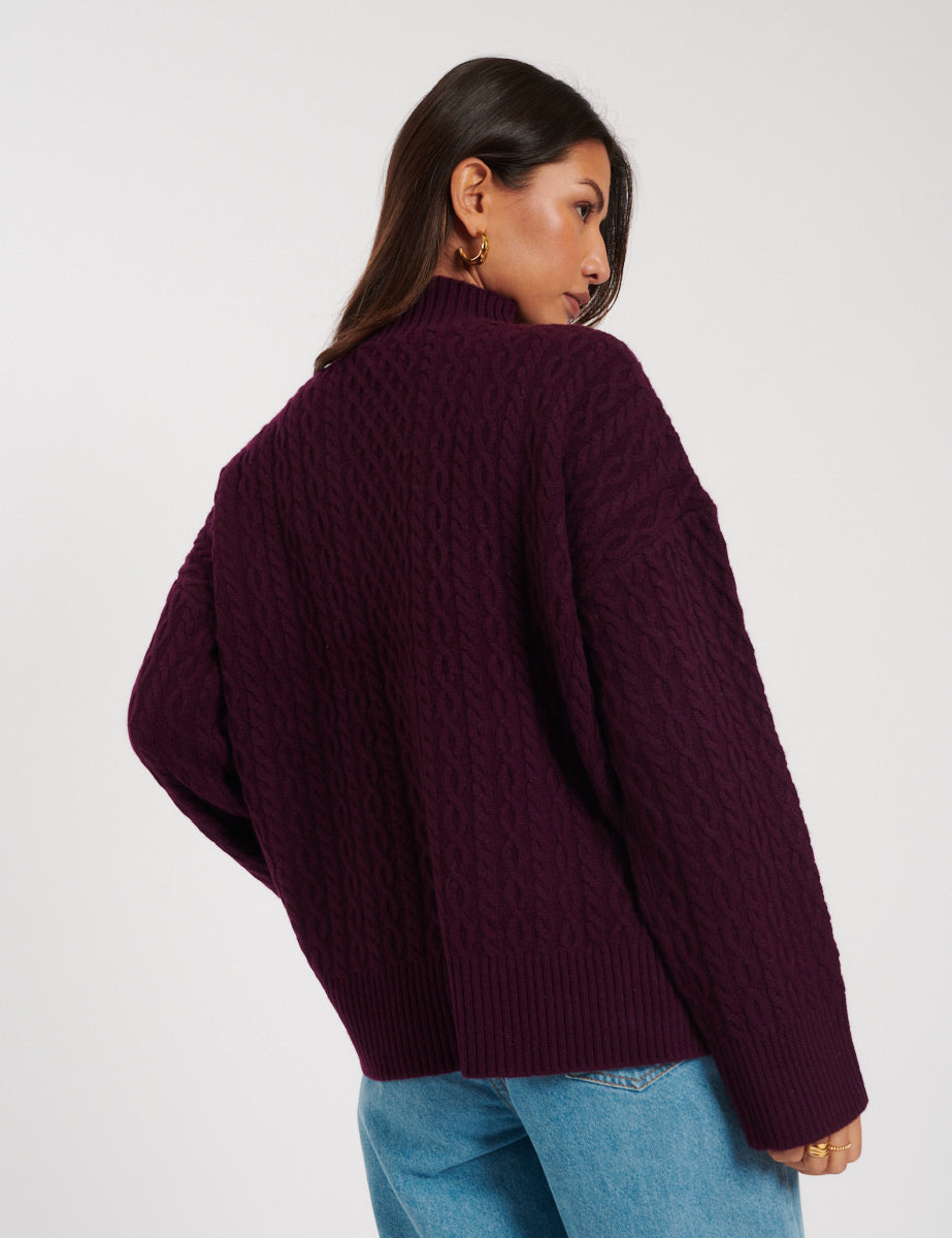 Burgundy Wool Funnel Neck Cable Knitted Jumper