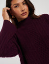 Burgundy Wool Funnel Neck Cable Knitted Jumper