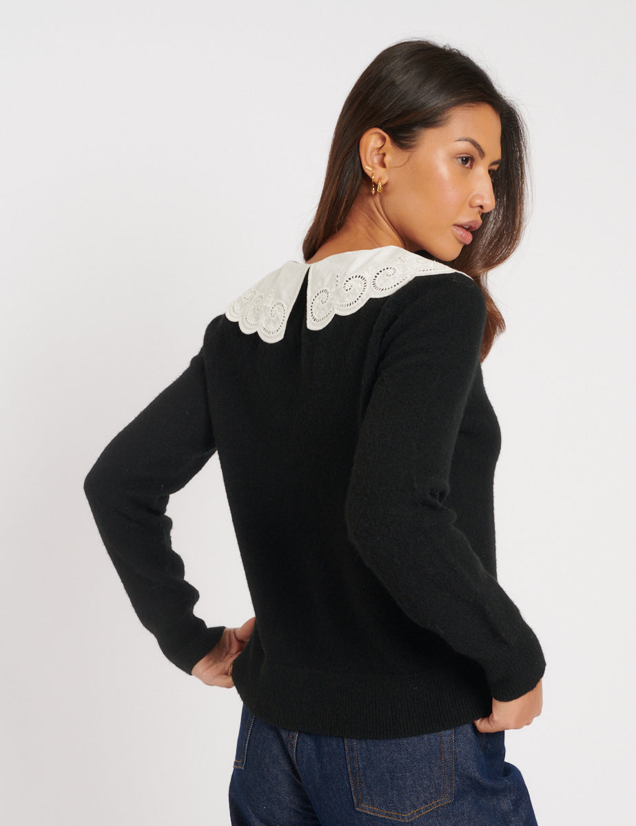 Black Broderie Anglaise Collar Knitted Jumper