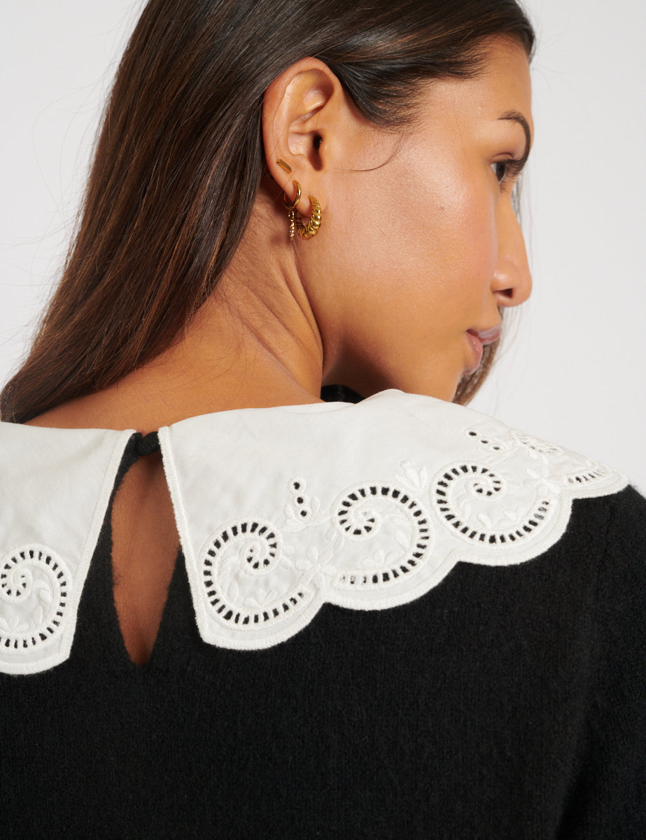 Black Broderie Anglaise Collar Knitted Jumper