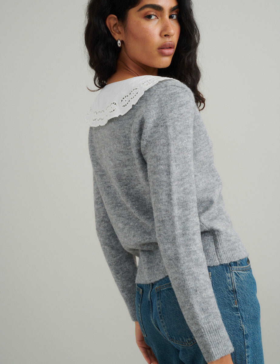 Grey Broderie Anglaise Collar Cardigan