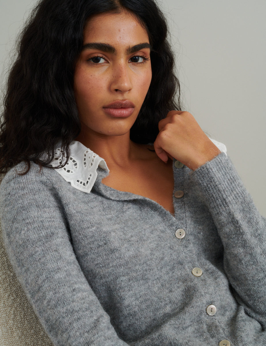 Grey Broderie Anglaise Collar Cardigan