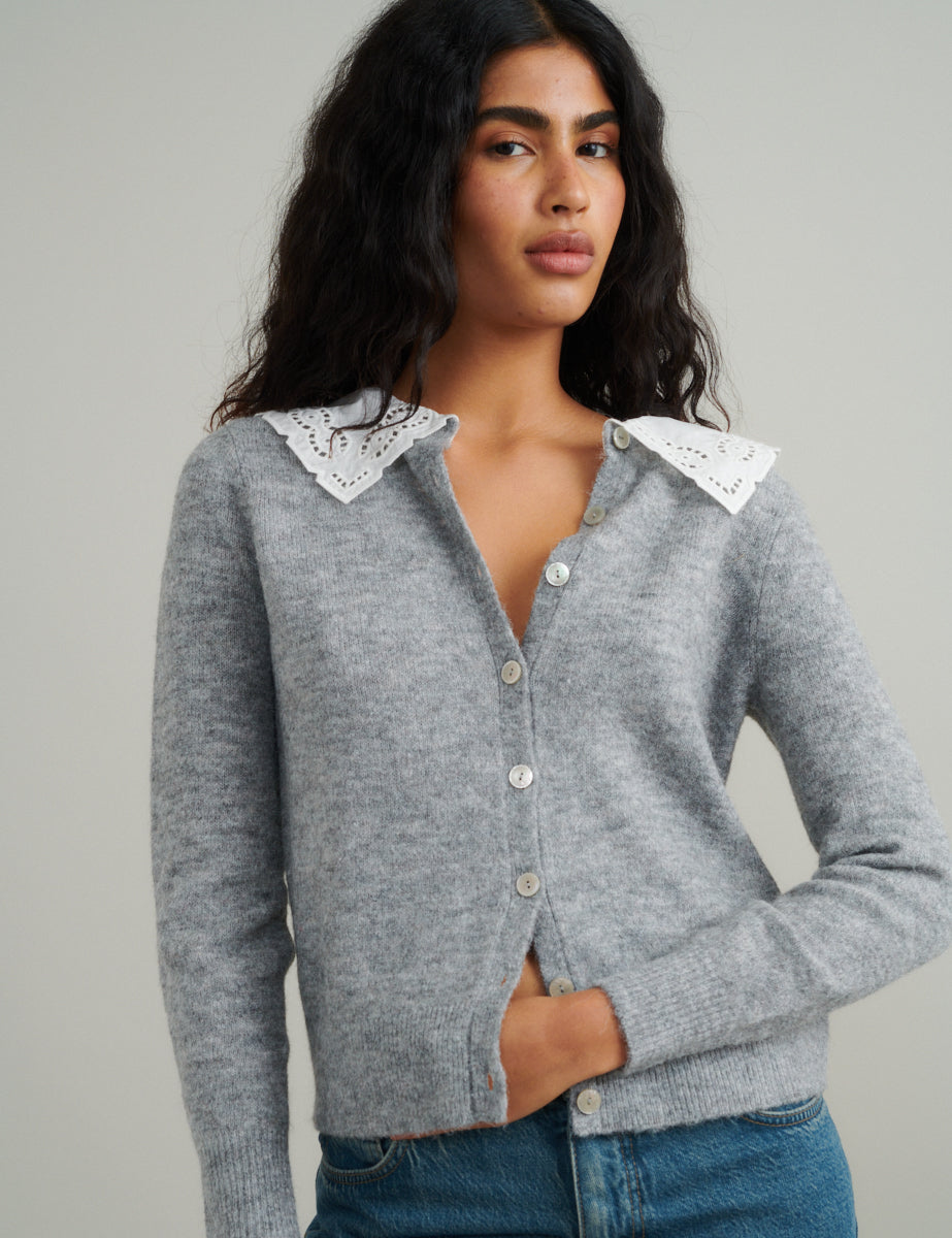 Grey Broderie Anglaise Collar Cardigan