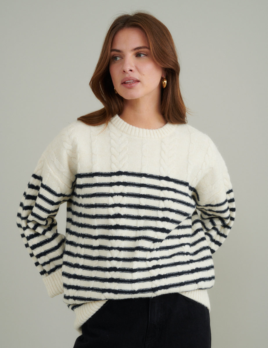 Cream and Black Striped Cable Knitted Jumper