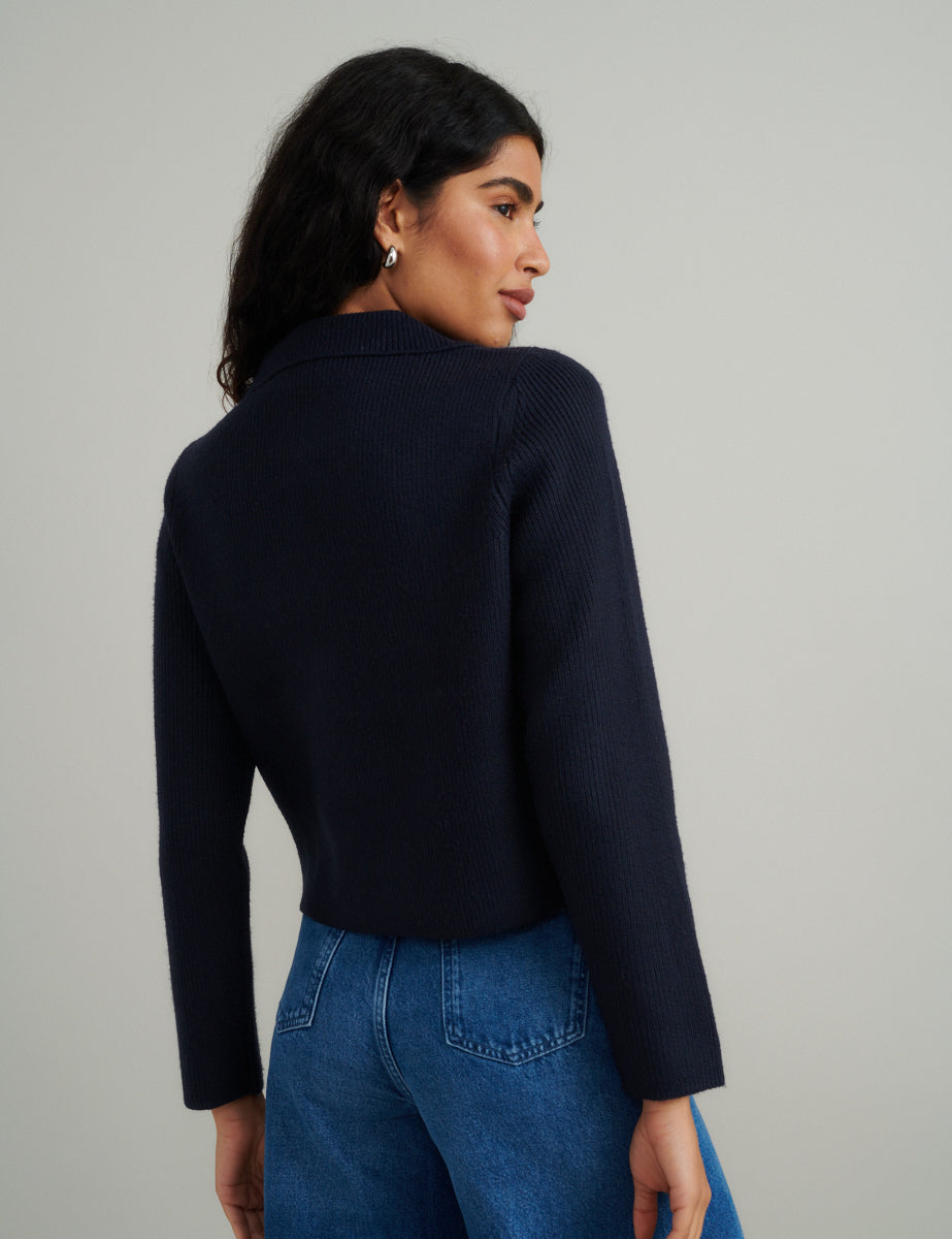 Navy Double Breasted Collar Cardigan