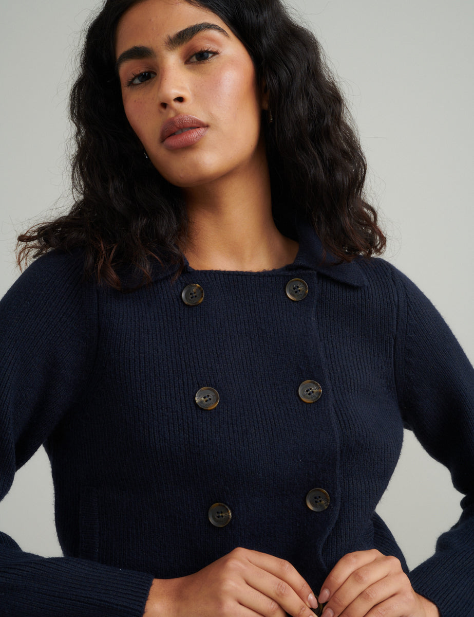 Navy Double Breasted Collar Cardigan