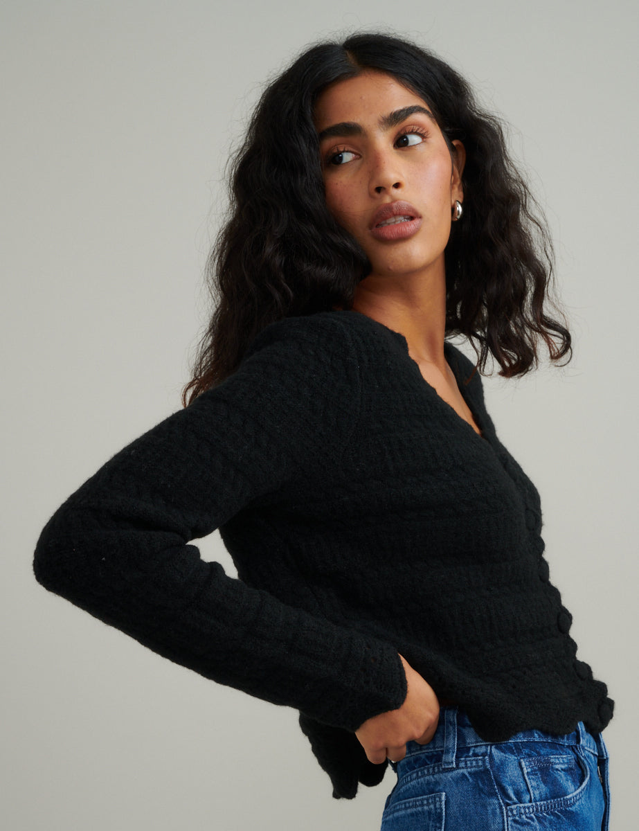 Black Pointelle Knitted Cardigan