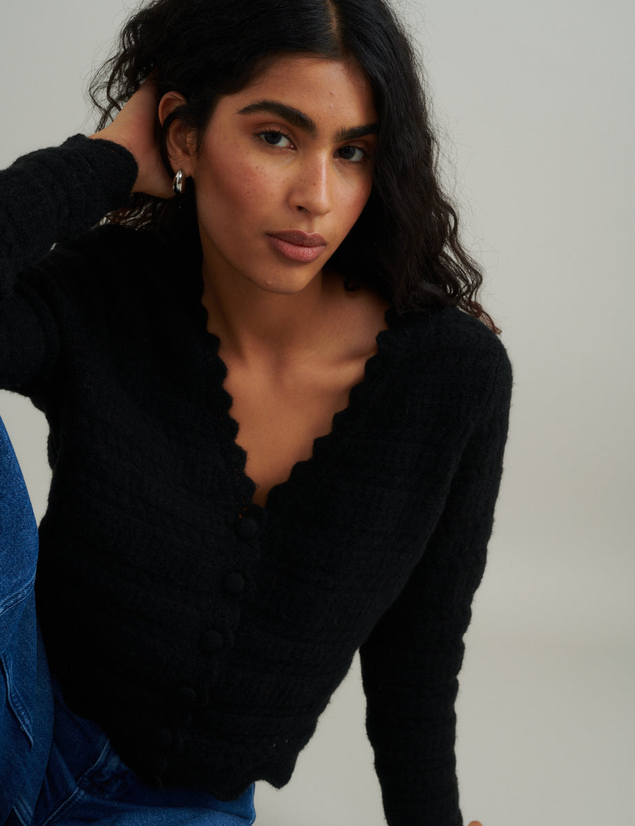 Black Pointelle Knitted Cardigan