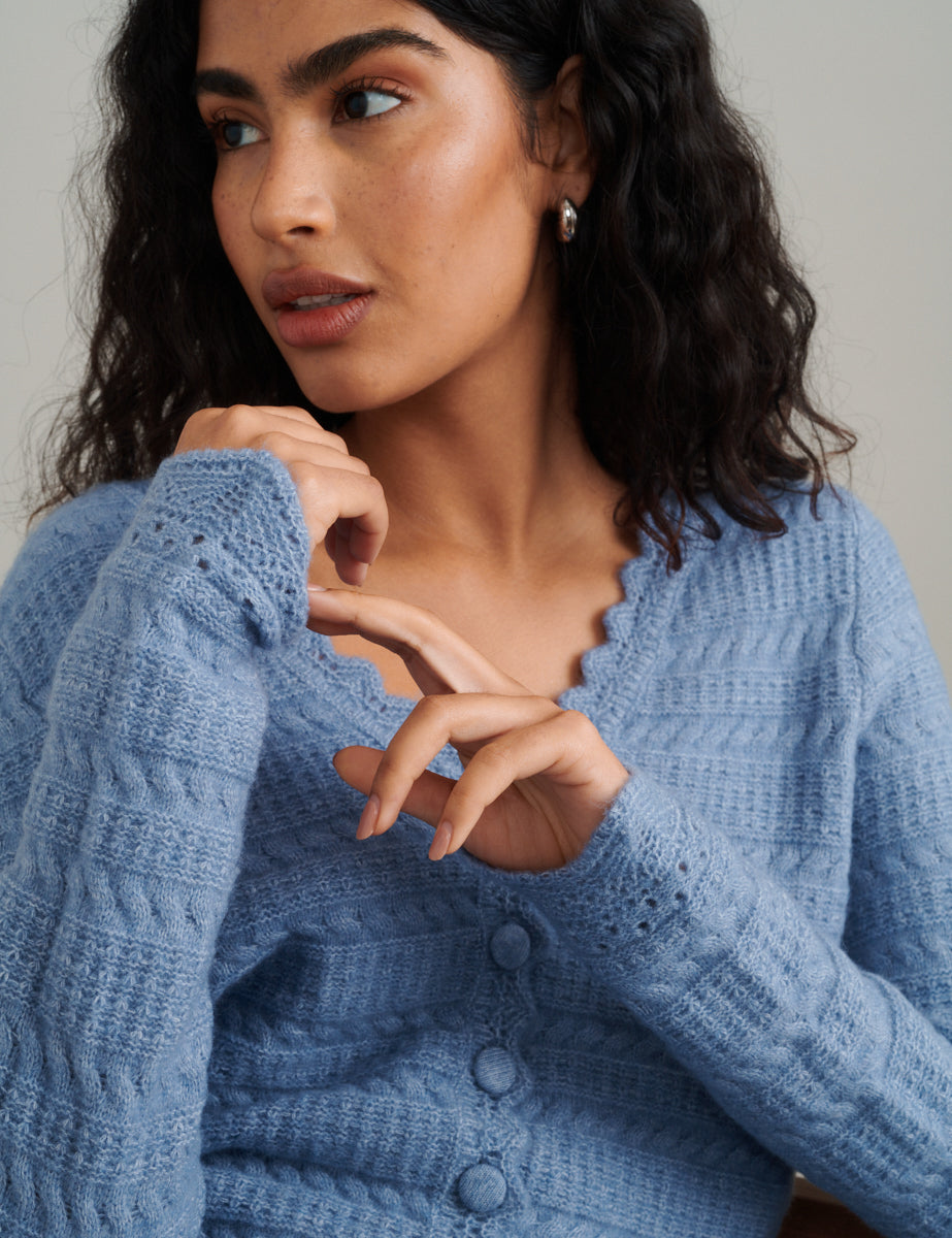 Blue Pointelle Knitted Cardigan