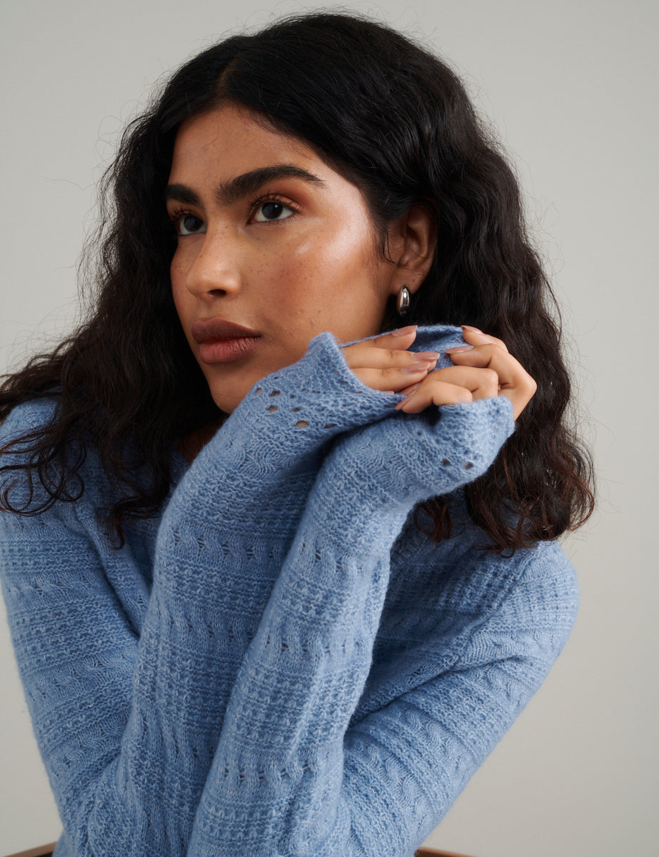 Blue Pointelle Knitted Cardigan