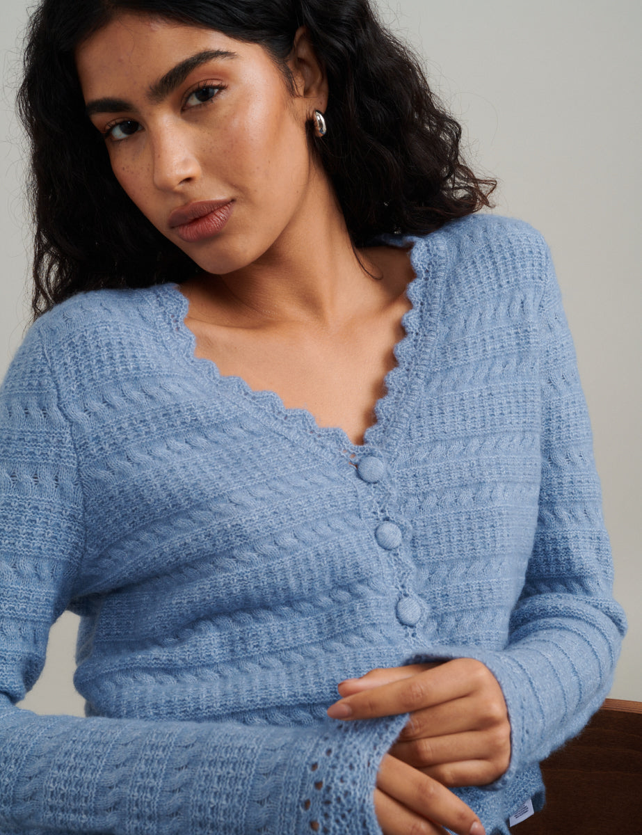 Blue Pointelle Knitted Cardigan