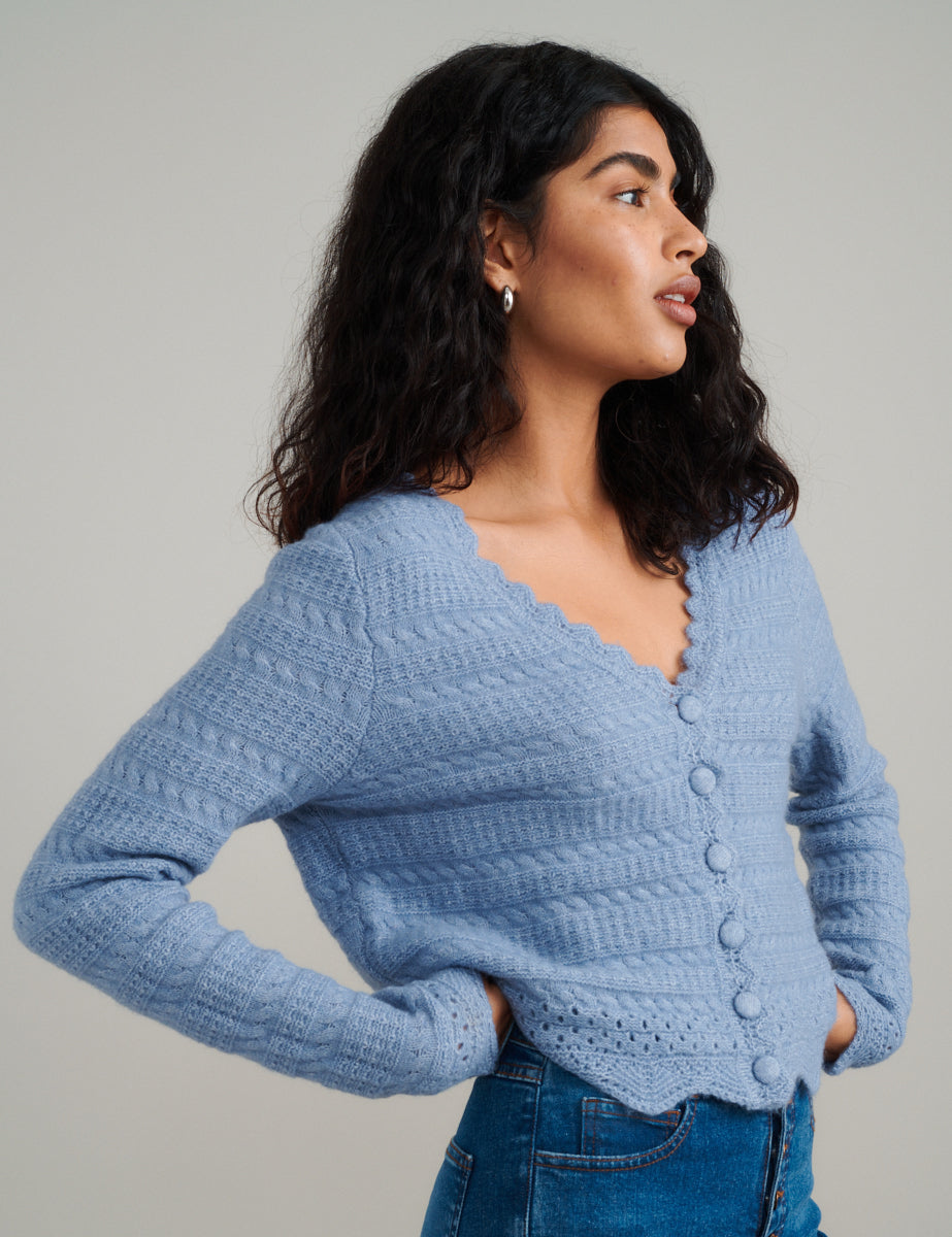 Blue Pointelle Knitted Cardigan