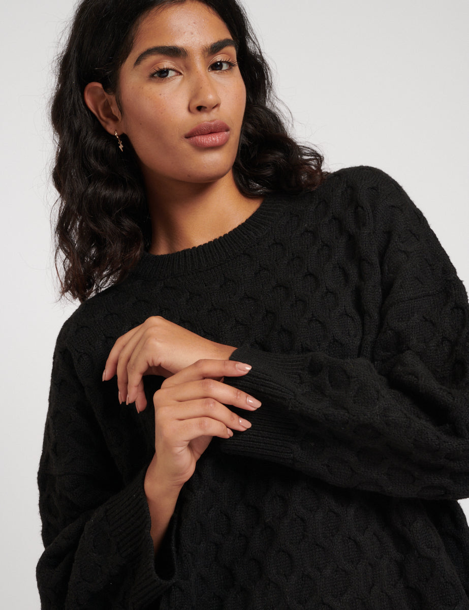 Black Crew Neck Cable Knitted Jumper