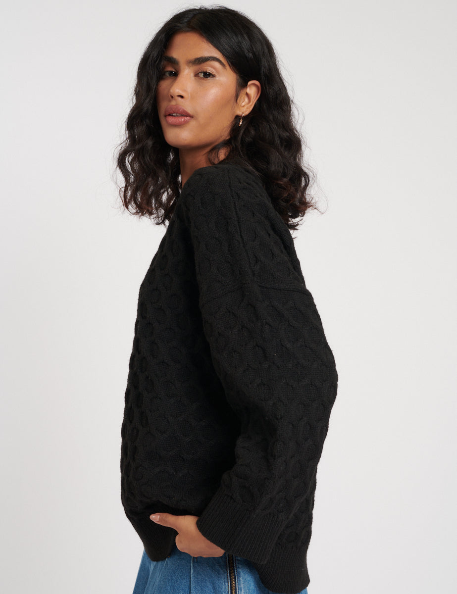 Black Crew Neck Cable Knitted Jumper