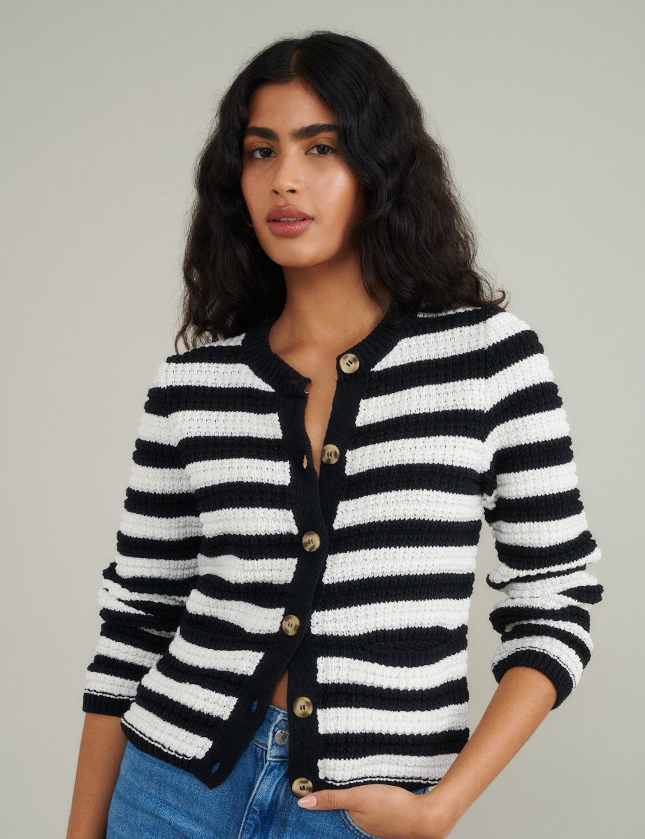 Black and White Stripe Textured Knitted Cardigan