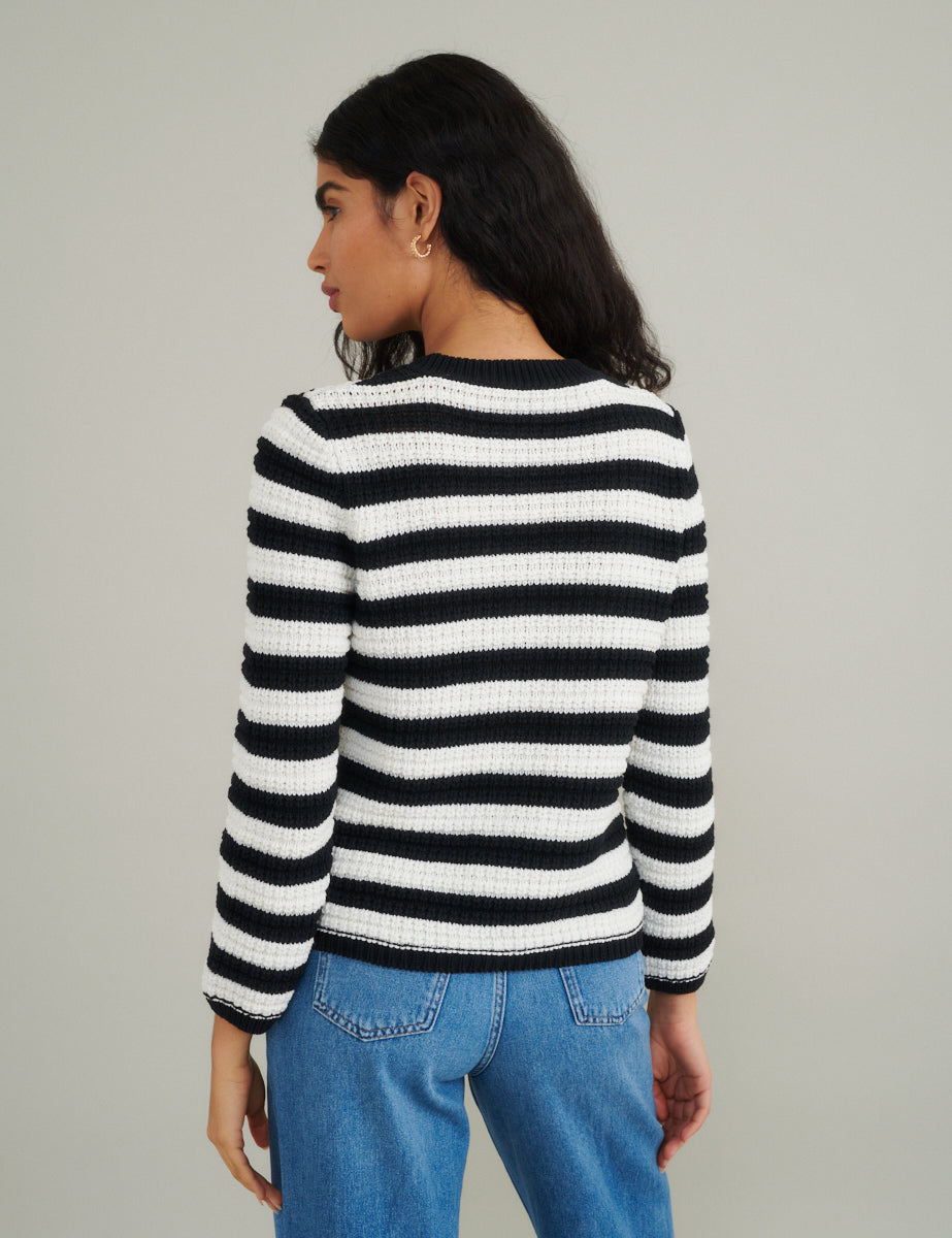 Black and White Stripe Textured Knitted Cardigan