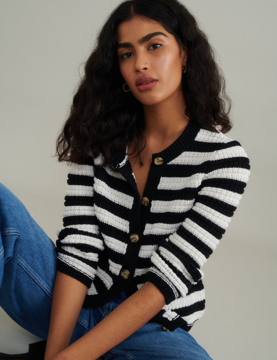 Black and White Stripe Textured Knitted Cardigan