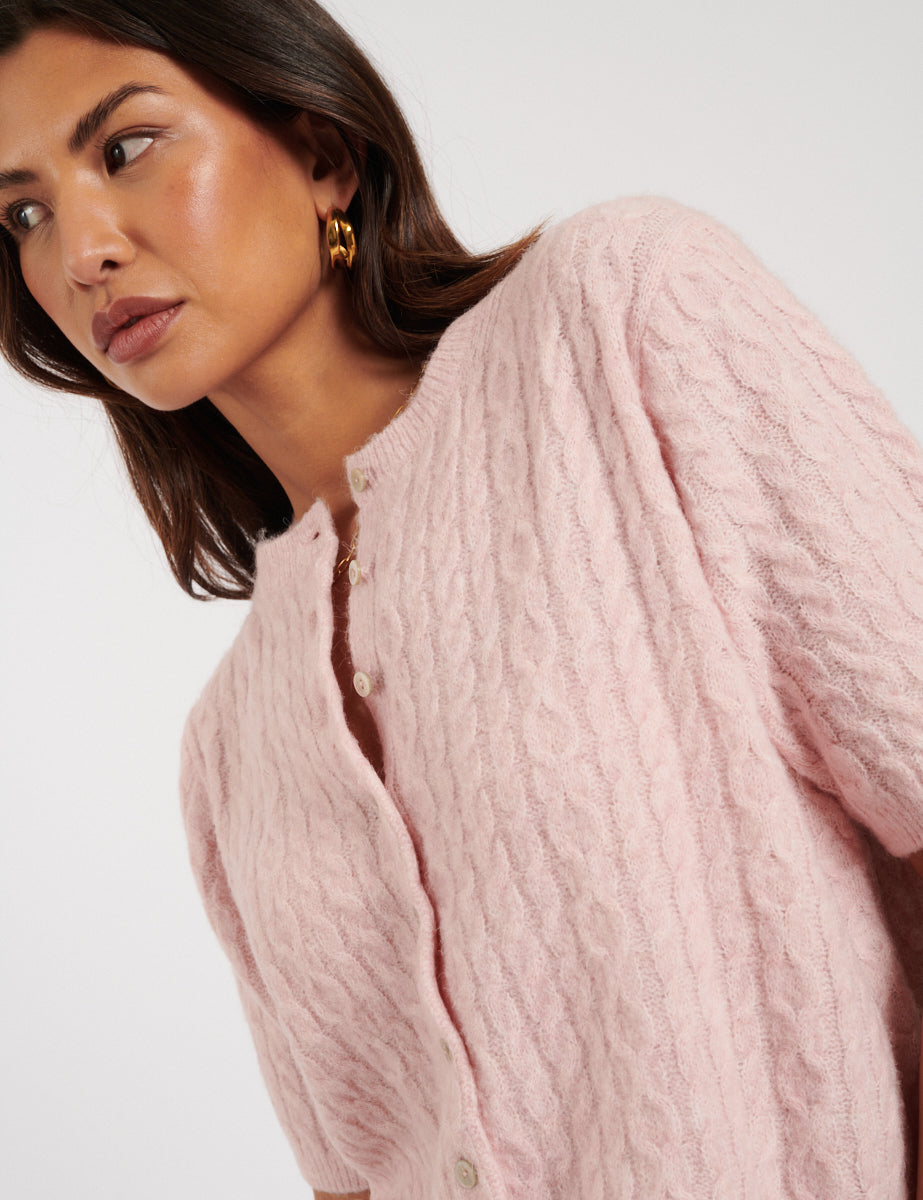 Pink Cable Knit Short Sleeve Cardigan