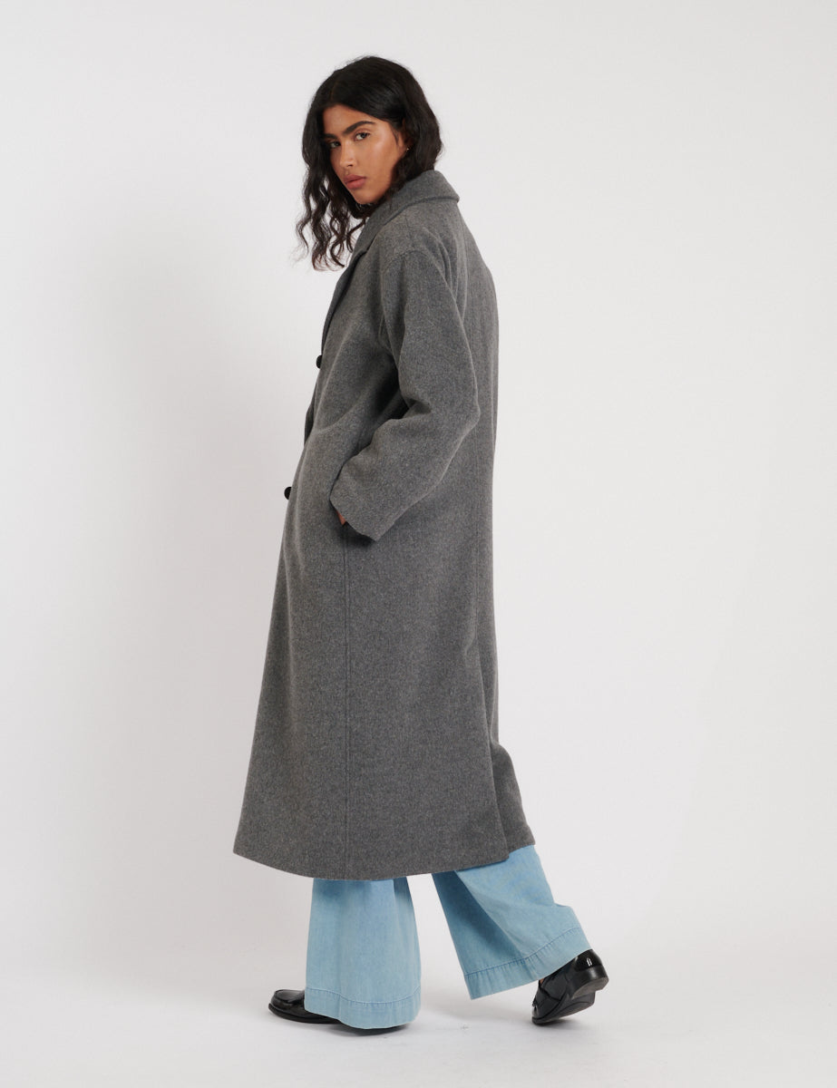 Grey Double Breasted Wool Blend Coat