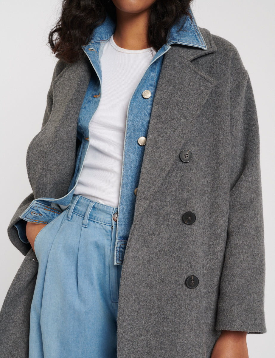 Oversized Grey Double Breasted Wool Blend Coat