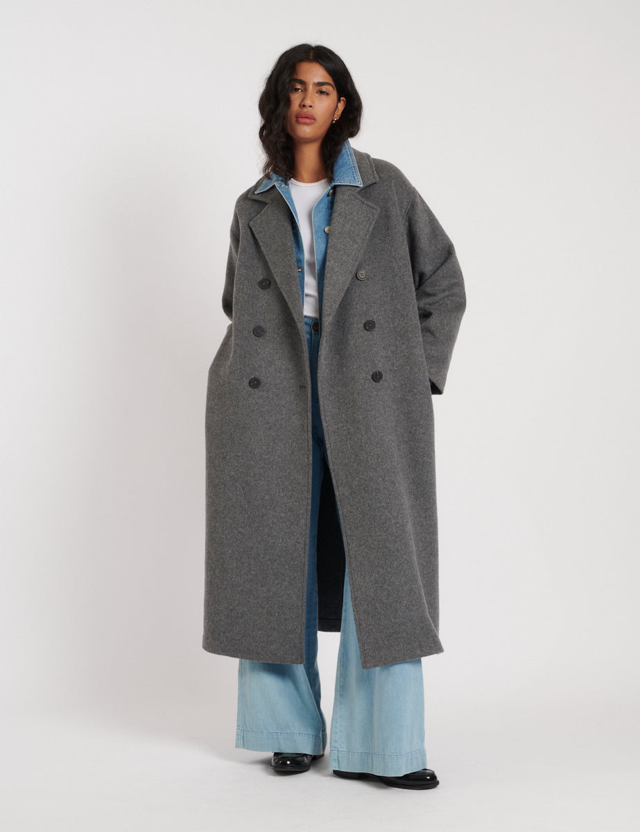 Grey Double Breasted Wool Blend Coat