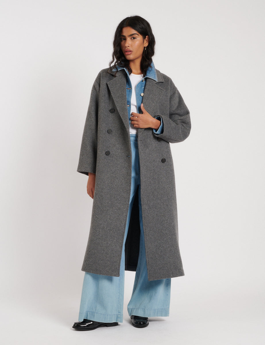 Oversized Grey Double Breasted Wool Blend Coat