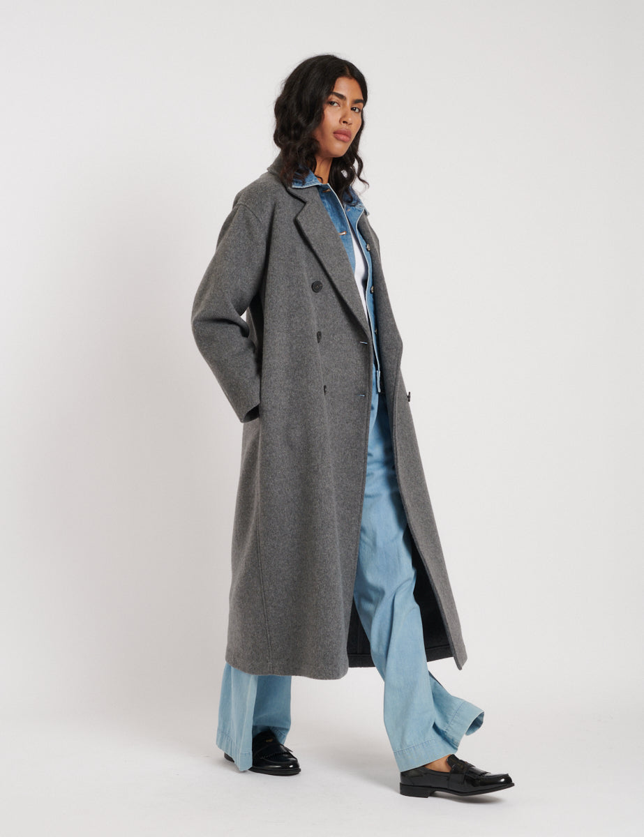 Oversized Grey Double Breasted Wool Blend Coat