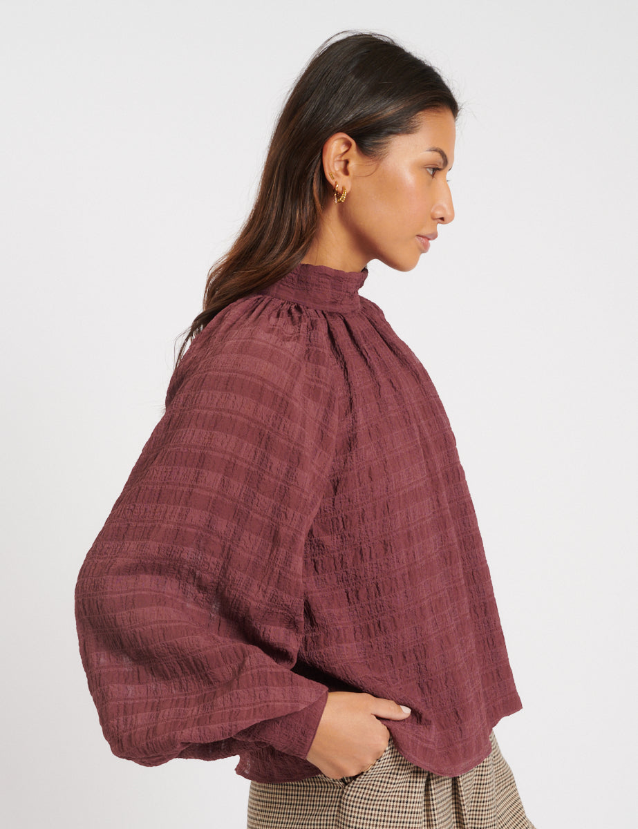 Purple Check Balloon Sleeve Blouse