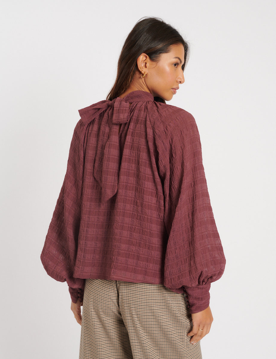 Purple Check Balloon Sleeve Blouse