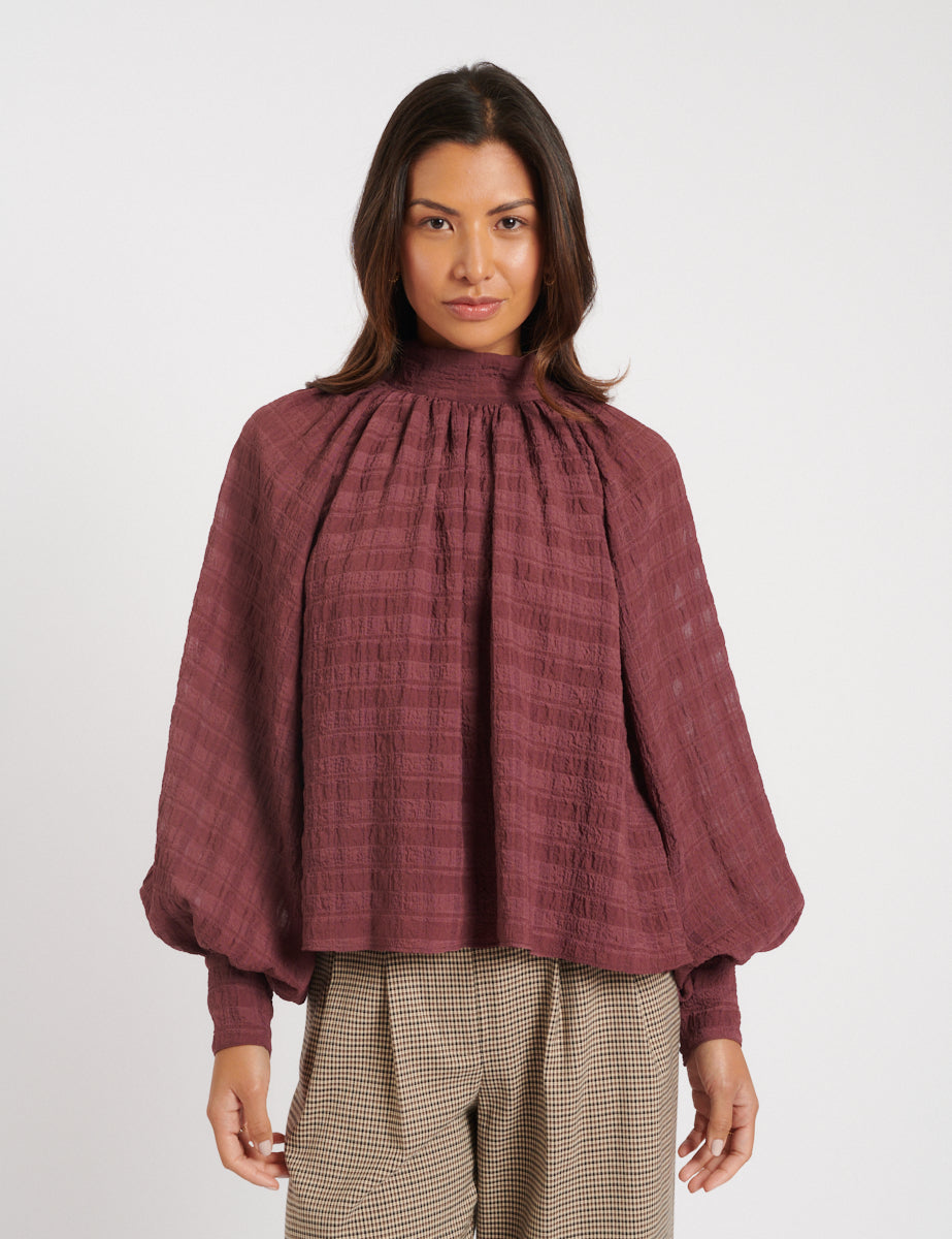 Purple Check Balloon Sleeve Blouse