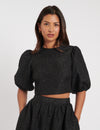 Black Floral Jaquard Puff Sleeve Top