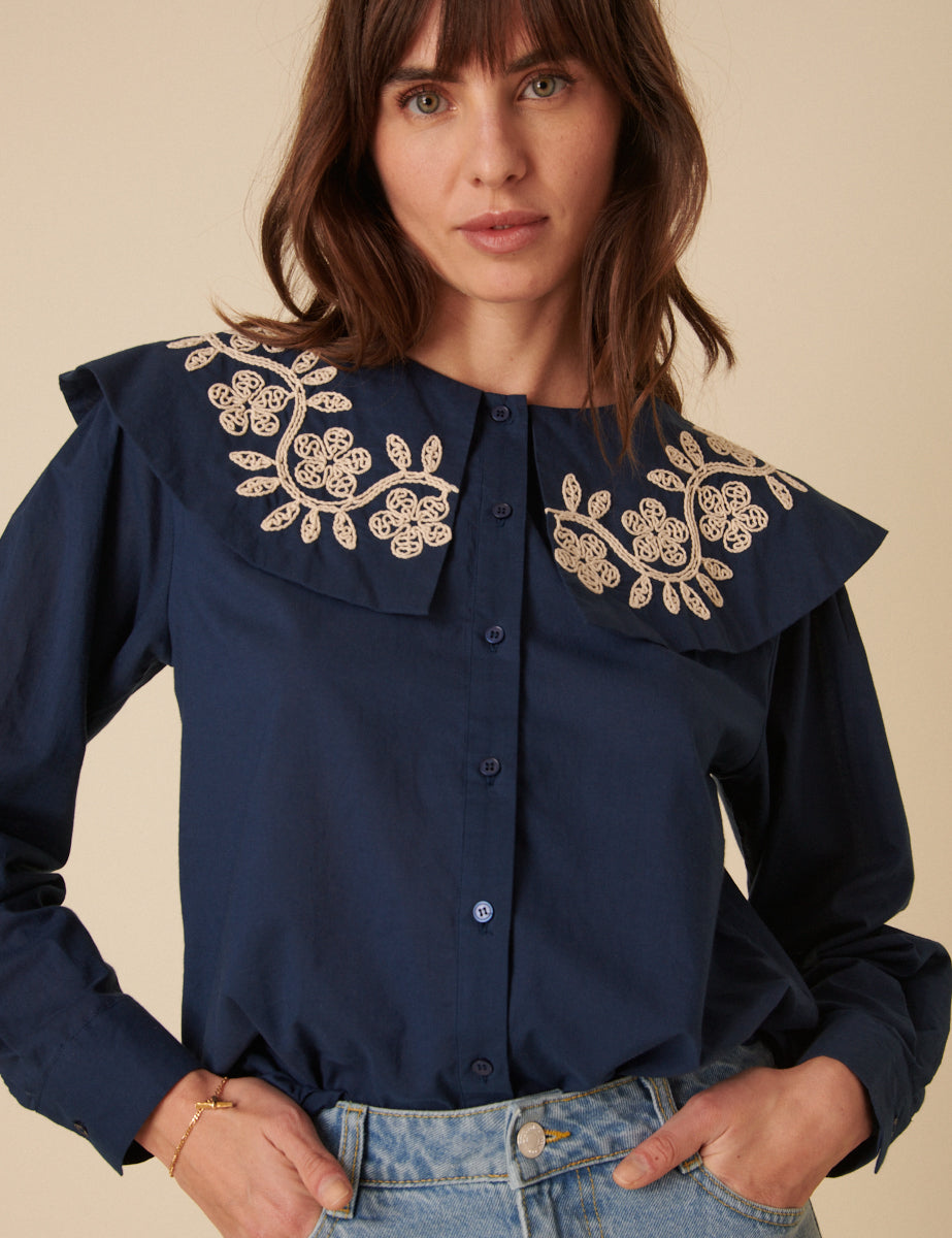 Navy Floral Embroidered Collar Blouse