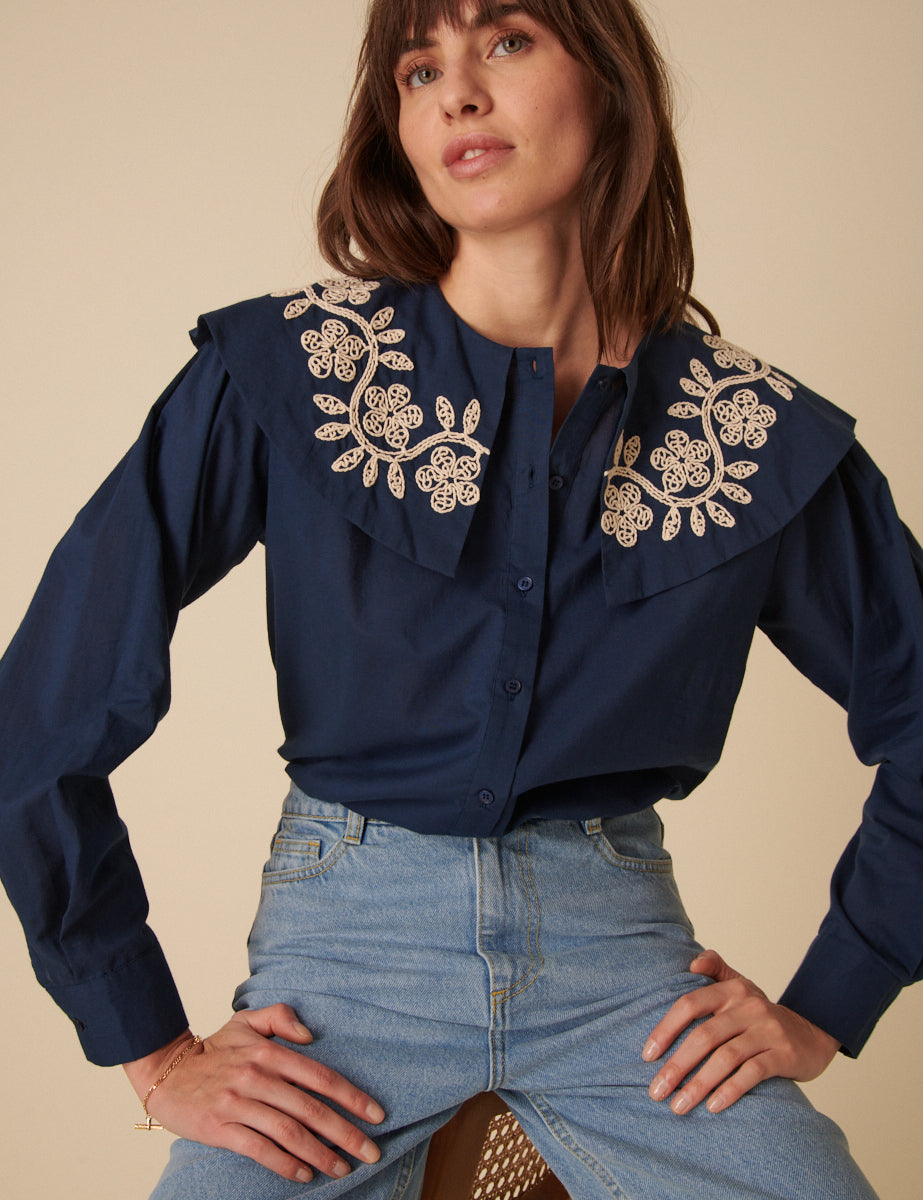 Navy Floral Embroidered Collar Blouse