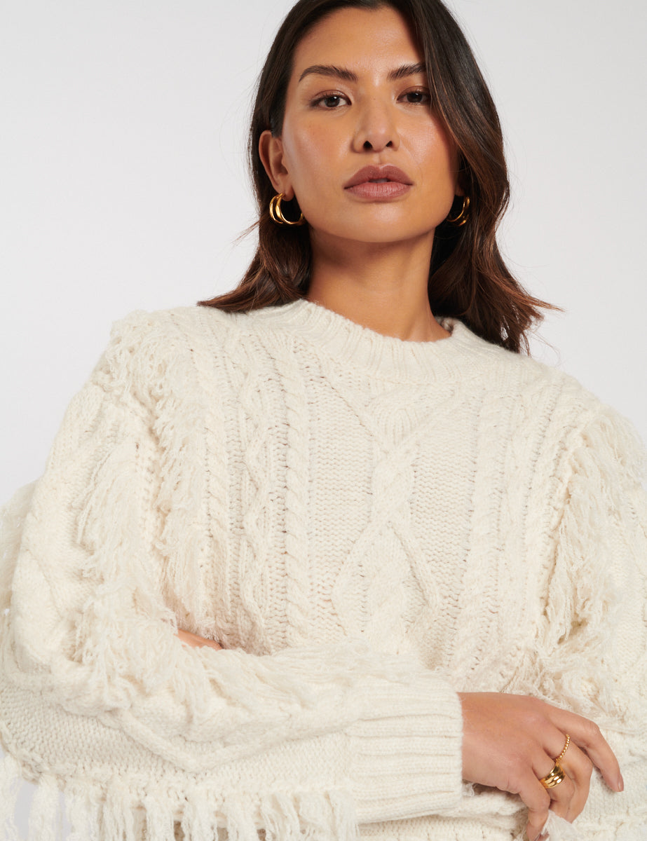 Cream Cable Knitted Fringe Jumper