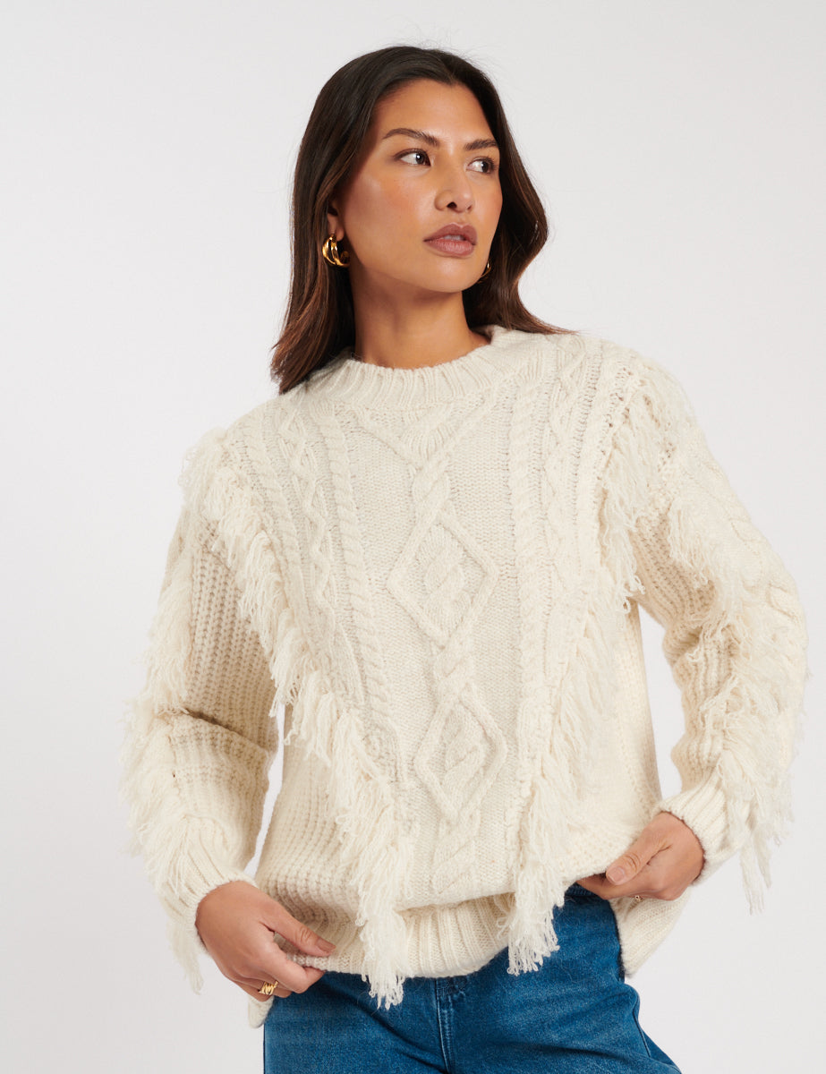 Cream Cable Knitted Fringe Jumper