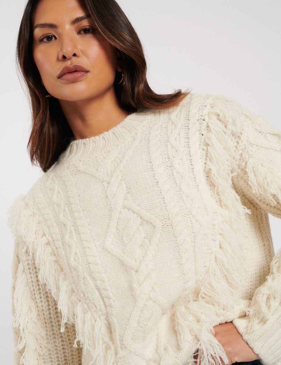 Cream Cable Knitted Fringe Jumper