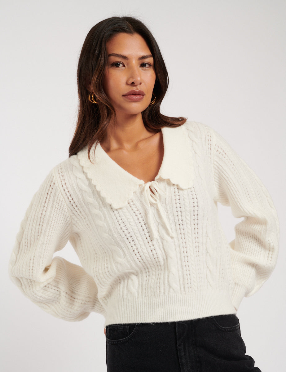 Cream Collar Pointelle Knitted Jumper