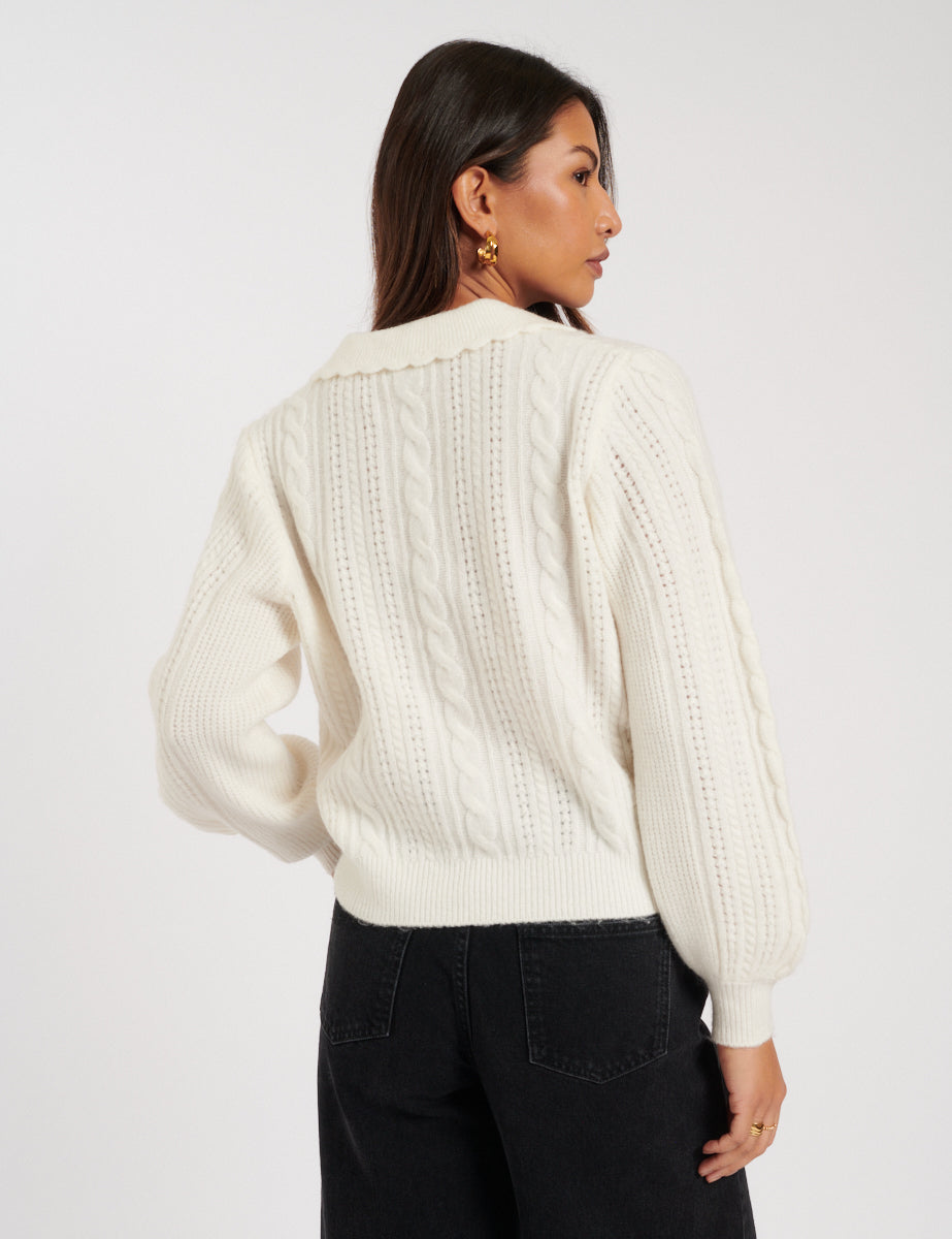 Cream Collar Pointelle Knitted Jumper