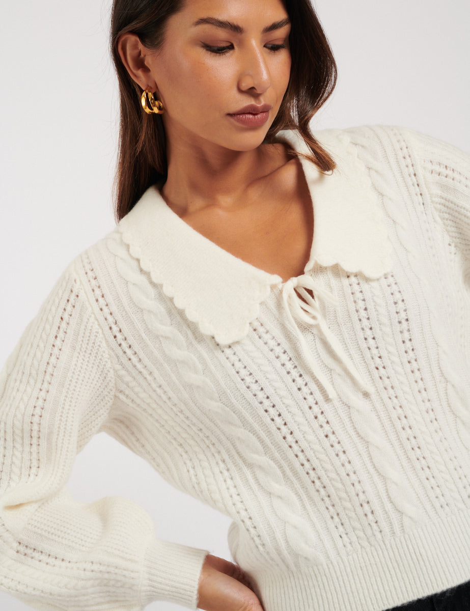 Cream Collar Pointelle Knitted Jumper