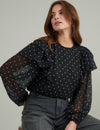 Black Polka Dot Chiffon Ruffle Blouse