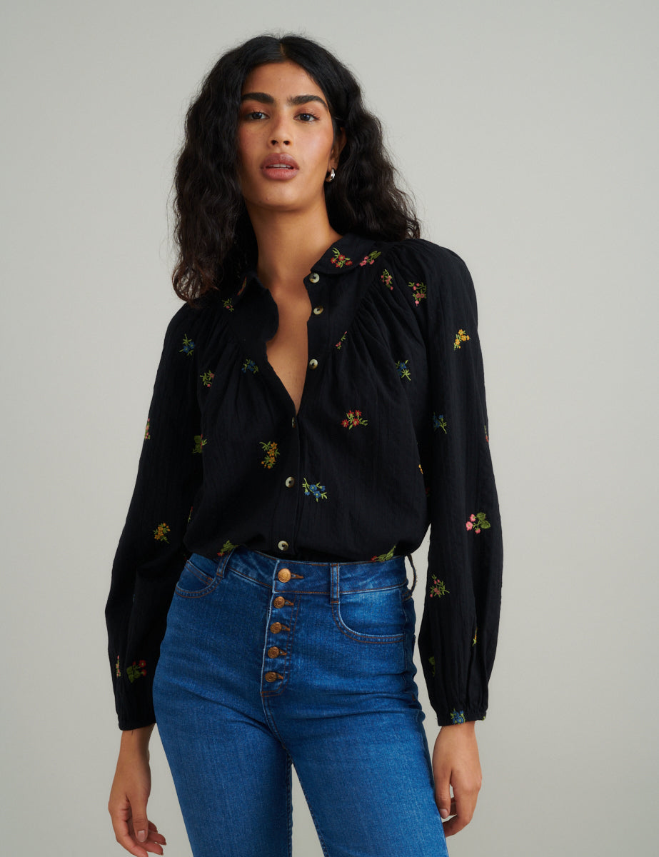 Black Floral Embroidered Blouse