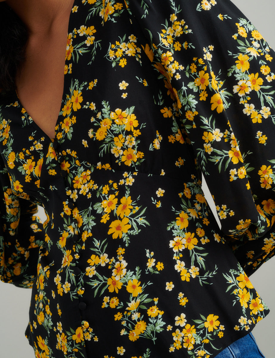 Black Floral V-Neck Blouse