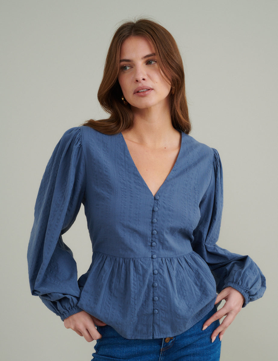 Blue Balloon Sleeve Ria Blouse