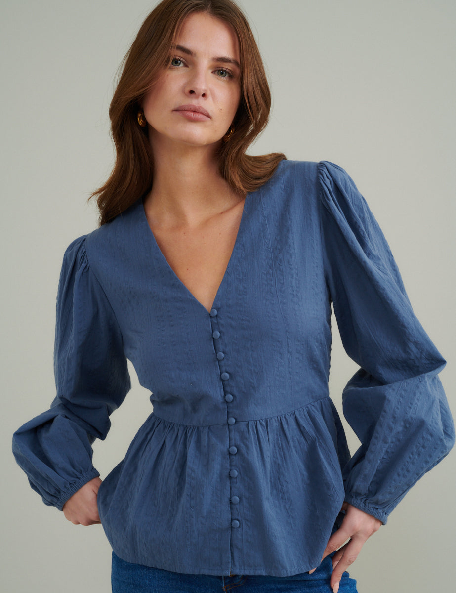 Blue Balloon Sleeve Ria Blouse