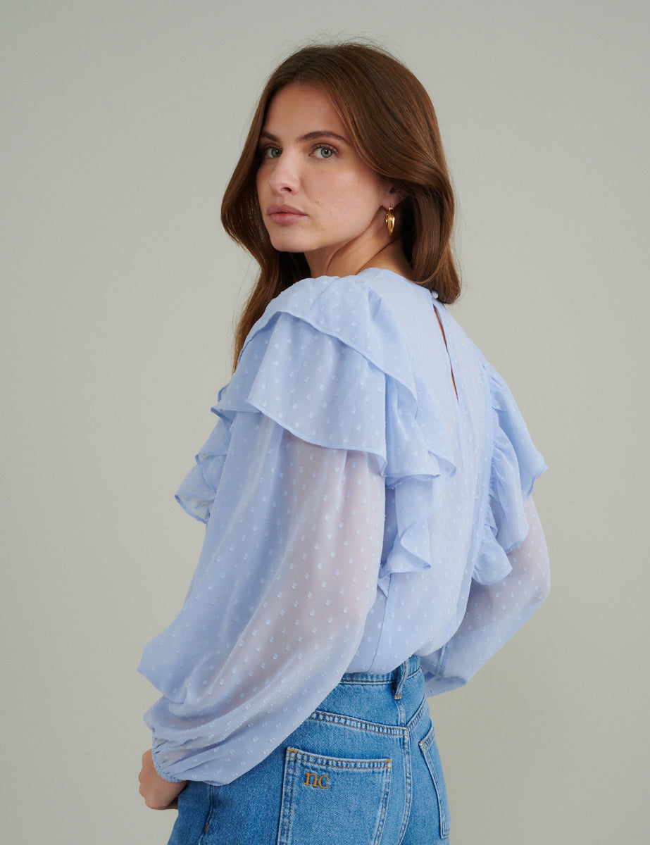 Blue Spot Chiffon Ruffle Blouse