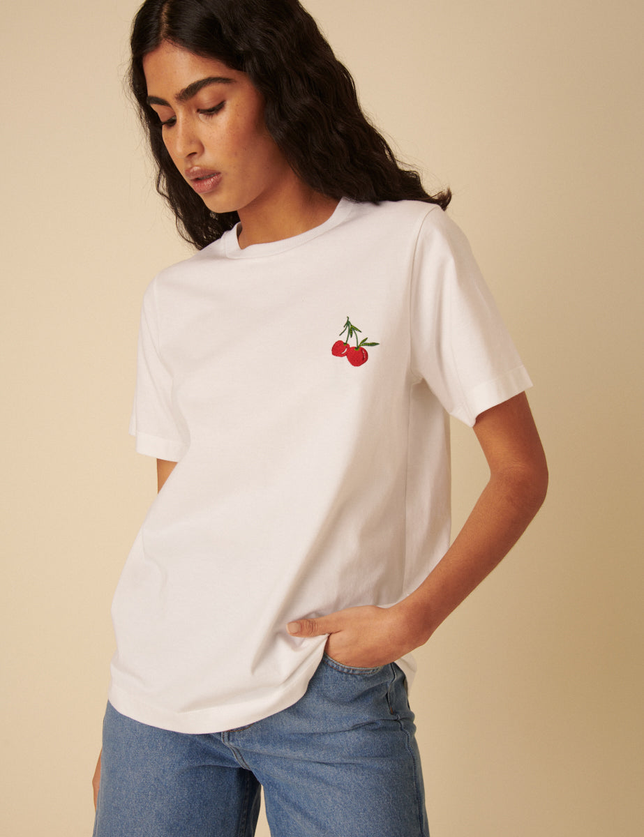 White Cherry Embroidered T-Shirt