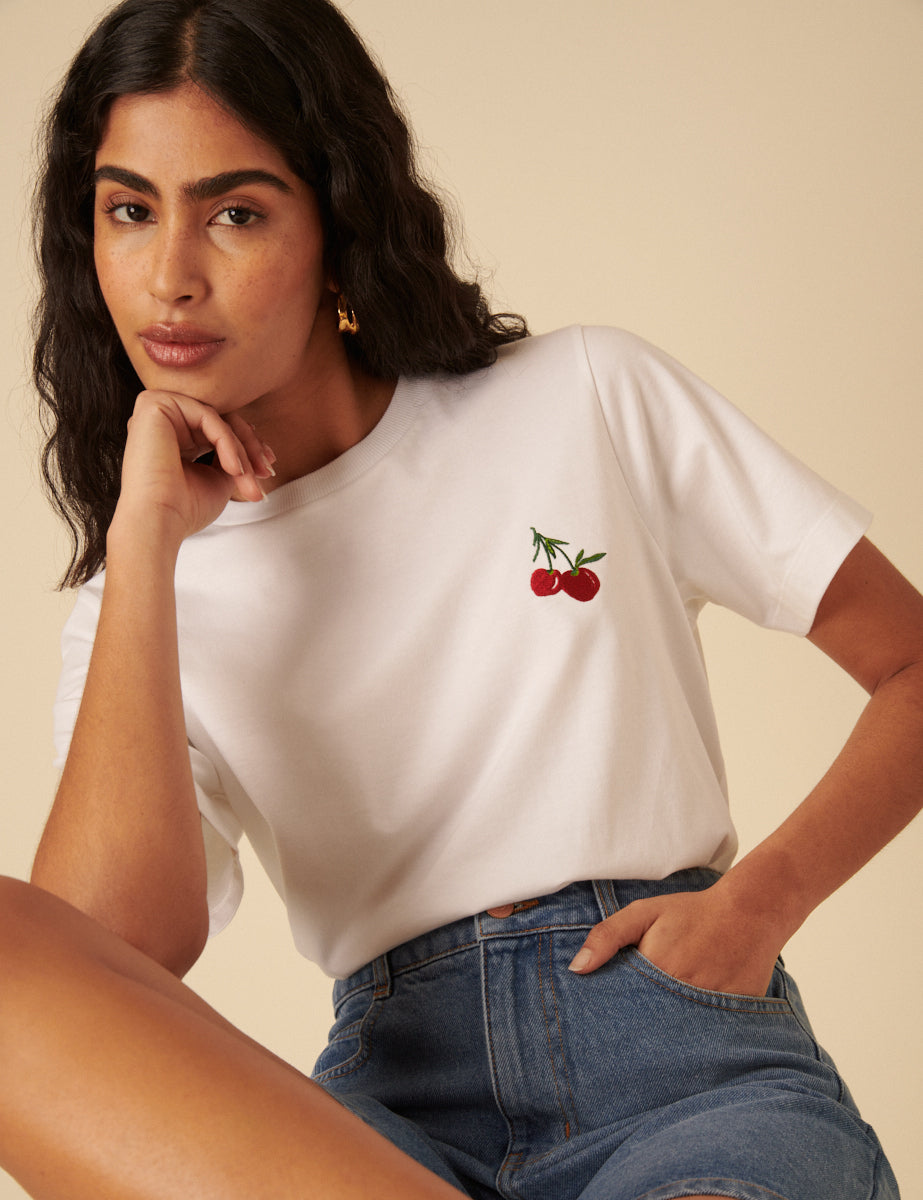 White Cherry Embroidered T-Shirt